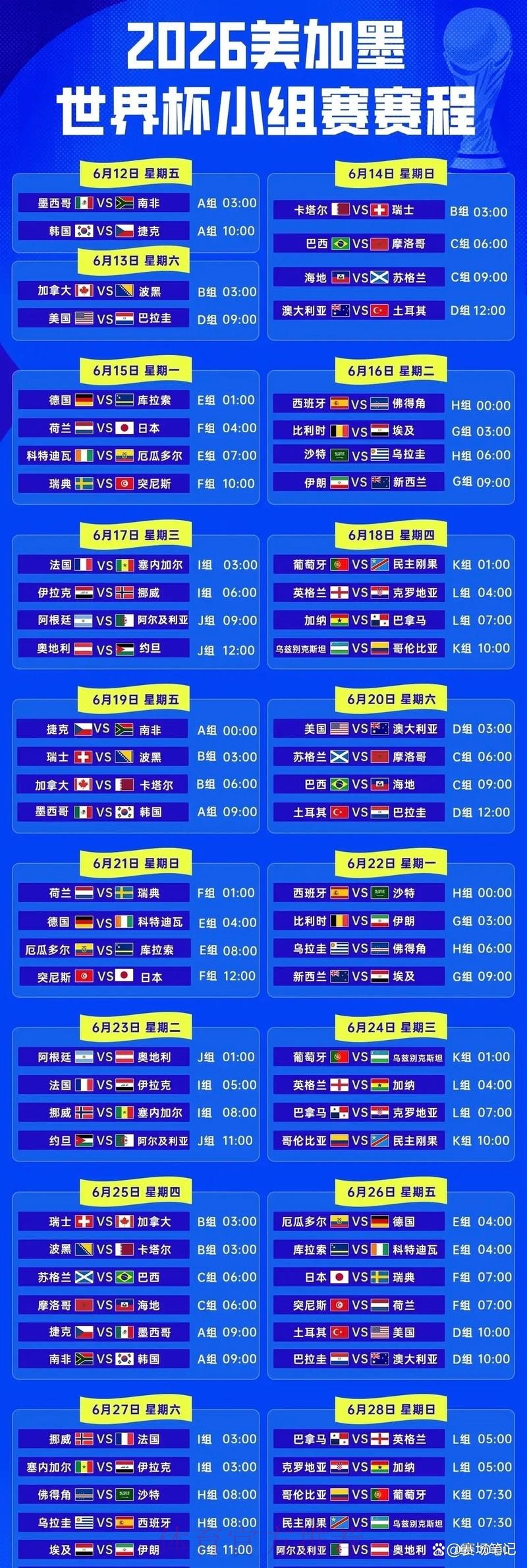2026世界杯详细比赛时间安排 2026世界杯详细比赛时间安排